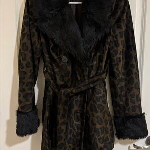 Leopard Print Faux Fur Trim Coat